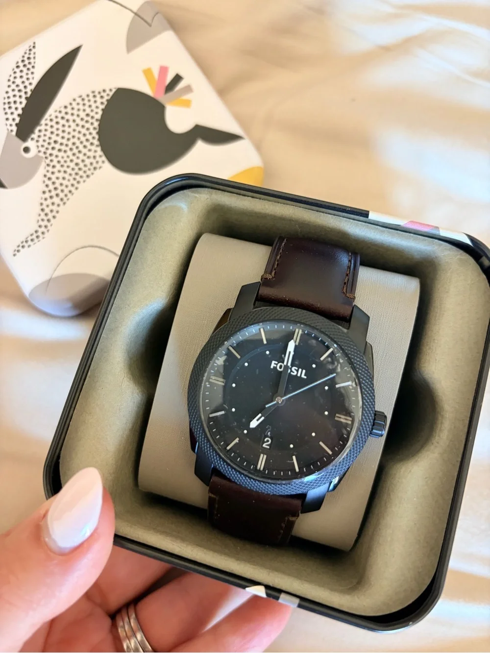 Fossil Black Dial Watch with Dark Brown Leather Strap